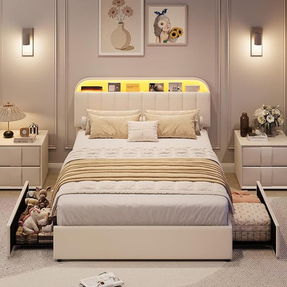 GarveeHome Full Bed Frame with Storage Headboard, Kids Bed Frame with 2 Drawers, Velvet Upholstered Platform Bed Frame with Lights, No Box Spring Needed, Easy Assembly, Velvet White