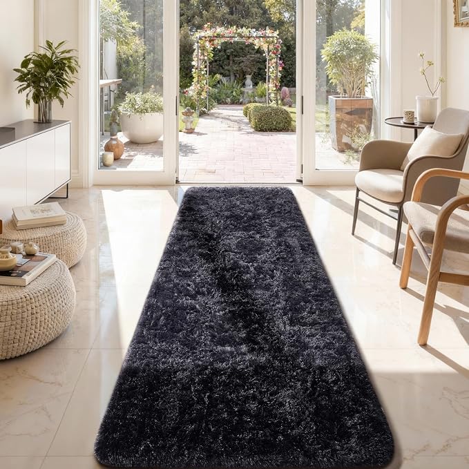 Ophanie 2x8 Runner Rug for Hallway,Upgrade Non-Slip Fluffy Soft Bedside Rugs,Bedroom Living Room Black Shaggy Carpet for Kids Girls Boys Dorm Nursery Home Decor Aesthetic with Over 99 pcs Pile fibers