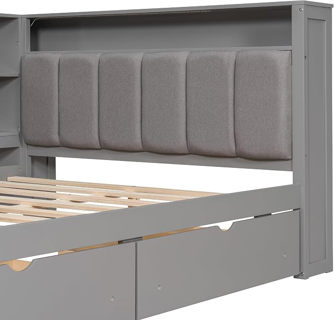 Bellemave Full Corner Bed with Storage Shelves and Desk, Upholstered Headboard Daybed with Bookcase and Drawers，Daybed with Storage, Grey+ Grey Cushion