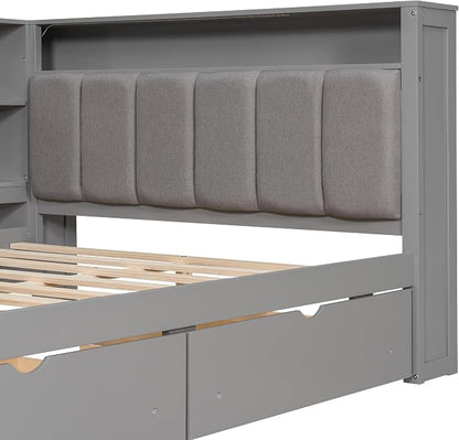 Bellemave Full Corner Bed with Storage Shelves and Desk, Upholstered Headboard Daybed with Bookcase and Drawers，Daybed with Storage, Grey+ Grey Cushion