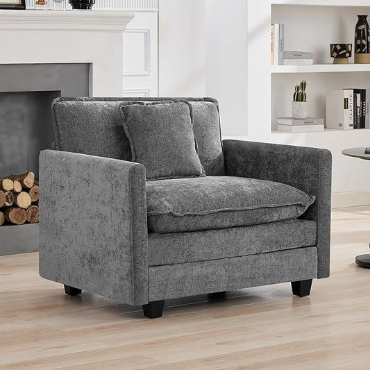 WUTUTUEE 41'' Modern Chenille Oversized Chair, Upholstered Accent Living Room Chair with Extra Thicked Deep Seat, Single Lounge Chair for Bedroom, Small Apartment, Grey