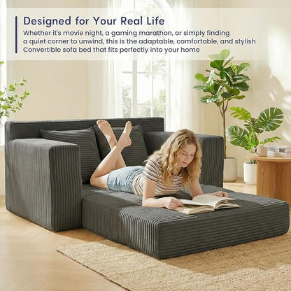 cidludto Boneless Couch Loveseat Sleeper, Convertible Sofa Bed Folding Couch Bed Foldable, 2 in 1 Boneless Chair Bed & Futon Sofa Bed, Small Pull Out Sofa with 4 Pillows for Living Room, Grey
