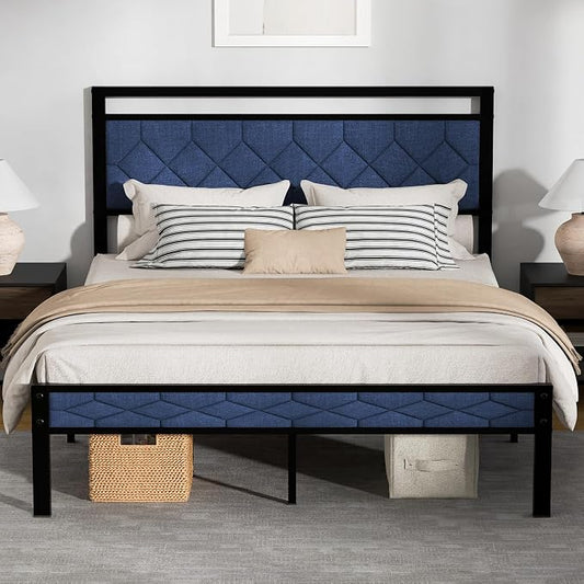 Z-hom Easy Assembly Upholstered Platform Bed Frame with Soft Padded Headboard, Modern Linen Fabric Mattress Foundation, No Box Spring Needed, Noise-Free & Sturdy Metal Support, Queen Size (Blue)