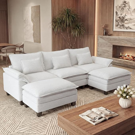 URRED Oversized Modular Sectional Sofa, 122" U Shaped Modern Comfy Cloud Couch with Movable Ottoman & Pillows, Deep Seat Couches for Living Room, Bedroom or Apartment (Corduroy Beige, 122" U Shaped)