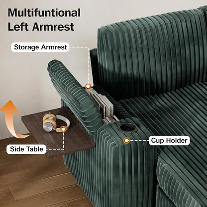 Vipbear 111" Modular Sectional Sleeper Sofa with Pull Out Bed, 8 Seat Plush Corduroy U Shaped Couch with Storage Chaise|USB Ports|Cup Holders|Side Table| Storage Armrests, Tool Free Assembly, Green