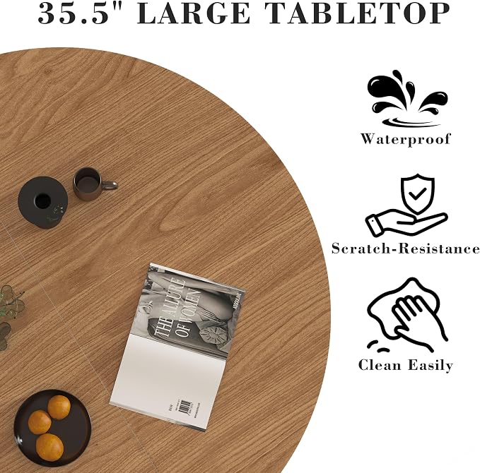 35.5'' Round Pedestal Dining Table, 2-4 Modern Fluted Dining Room Kitchen Table with Storage Shelf, Wood Base Dinner Tables for Kitchen, Breakfast Nook, Small Space, Living Room(Walnut)