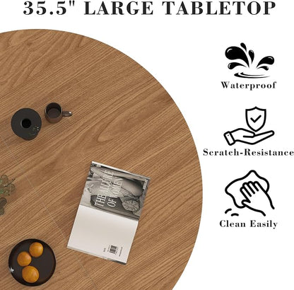 35.5'' Round Pedestal Dining Table, 2-4 Modern Fluted Dining Room Kitchen Table with Storage Shelf, Wood Base Dinner Tables for Kitchen, Breakfast Nook, Small Space, Living Room(Walnut)