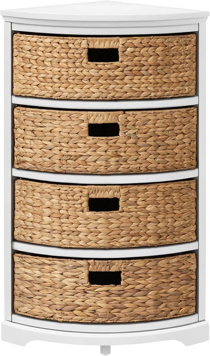 eHemco Hampton Meadows 4 Tier X-Side Corner Table Storage Cabinet, White | 4 Wicker Baskets