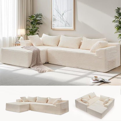 Korser 108" L-Shaped Modular Sectional Sofa with Chaise, Boneless Comfy Corduroy Fluffy Couch with Deep Seat and Side Pockets, Flexible Module Combination for Living Room, No Assembly, Side Pockets