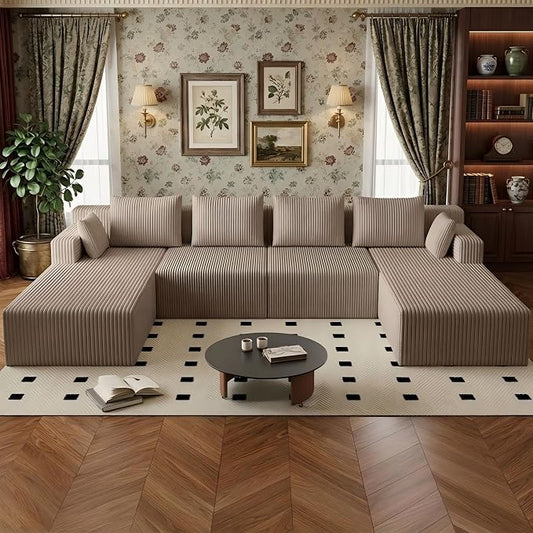 142" Oversized Cloud Modular Sectional Sofa Boneless Couches with Double Chaise Lounge and Deep Seat, Fluffy Corduroy Upholstered Compressed Lounge Sofa & Couches for Living Room