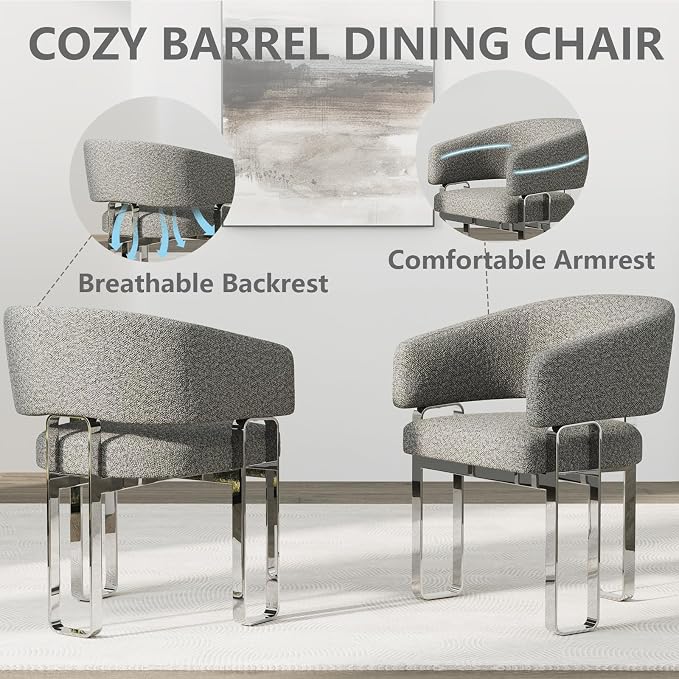 Arm Chair, Boucle Dining Chairs, Grey Barrel Chair, Modern Dining Chairs for Banquet, Wedding and Restaurant, Set of 10