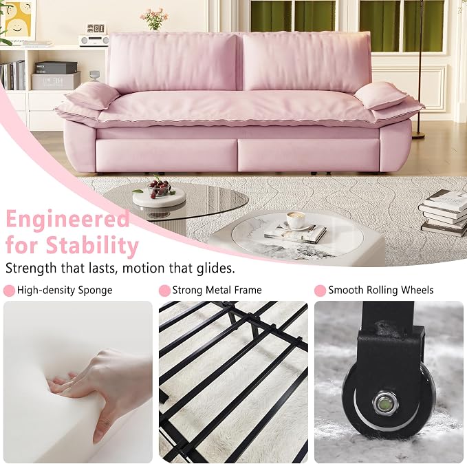 70.1" Sofa Bed Queen Size, Pull Out Couch Bed, 3-in-1 Convertible Sleeper Sofa with Cushion Armrest, Modern Velvet Futon Couch for Living Room, Small Space, Apartment, Bedroom, Pink