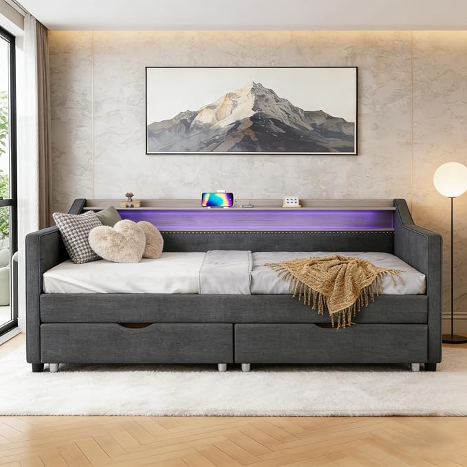 Twin Size Upholstered Daybed with Two Storage Drawers & USB | Dark Grey Linen Fabric,Two Drawers, 2-Tier Storage Shelf, USB Charging Port, LED Light, For Bedroom Apartment