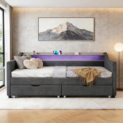 Twin Size Upholstered Daybed with Two Storage Drawers & USB | Dark Grey Linen Fabric,Two Drawers, 2-Tier Storage Shelf, USB Charging Port, LED Light, For Bedroom Apartment