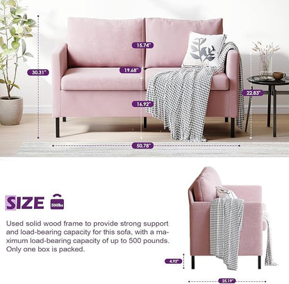 TYBOATLE Pink Love Seat Mid Century Modern Small Loveseat for Living Room, 51" W Mini Little Upholstered 2-Seater Love Seats w/Iron Legs for Compact Small Space, Apartment, Bedroom, Dorm, Office
