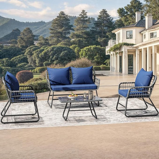 YITAHOME 4-Piece Patio Furniture Set, Wicker Outdoor Bistro Set, All Weather Rattan Patio Conversation Set with Soft Cushions and Glass Side Table for Backyard, Balcony, Deck - Navy Blue