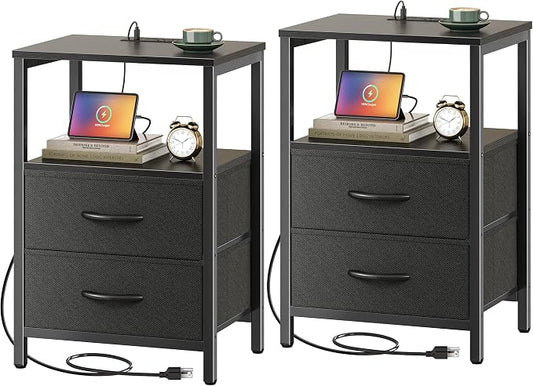 Huuger Nightstands Set of 2, End Tables with Charging Station, Side Tables with Fabric Drawers, Bedside Tables with USB Ports and Outlets, Night Stands for Bedroom, Black
