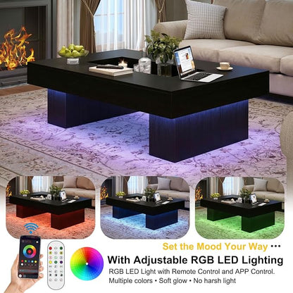 LVB Black Coffee Table, Modern Wood Led Living Room Table with Storage, Unique Large Wide Rectangle Center Table with LED Light, Contemporary low Tea Table for Bedroom Home Office, 47.24 In, Black Oak