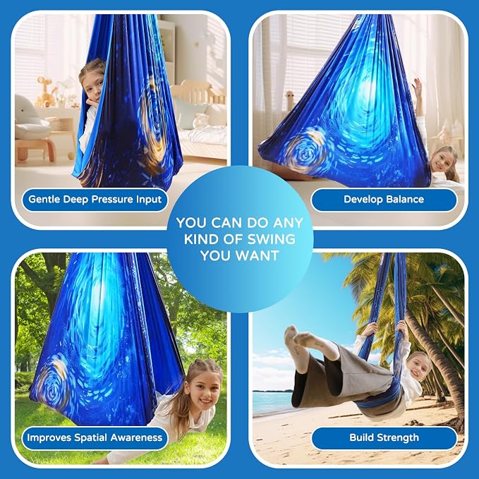 Sensory Swing for Kids and Adults Indoor & Outdoor Double Layer Therapy Cuddle Holds up to 300lbs Adjustable Hammock Chair with 360° Swivel Hanger Kit Effect for Aspergers Autism ADHD(Ocean Blue)