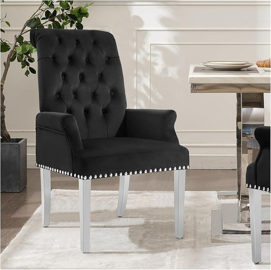 AODCHR Velvet Dining Chairs with Arms, Upholstered Accent Dining Room Chair, Tufted Kitchen Arm Chair with Stainless Steel Leg, Black