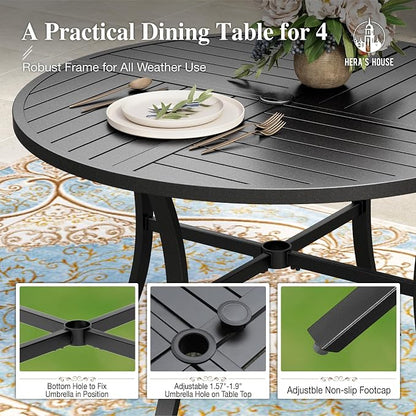 HERA'S HOUSE Patio Table and Chairs Set, 5 Pieces Outdoor Dining Set with Round Metal Table and Textilene Chairs for Lawn Garden Backyard Deck,Brown