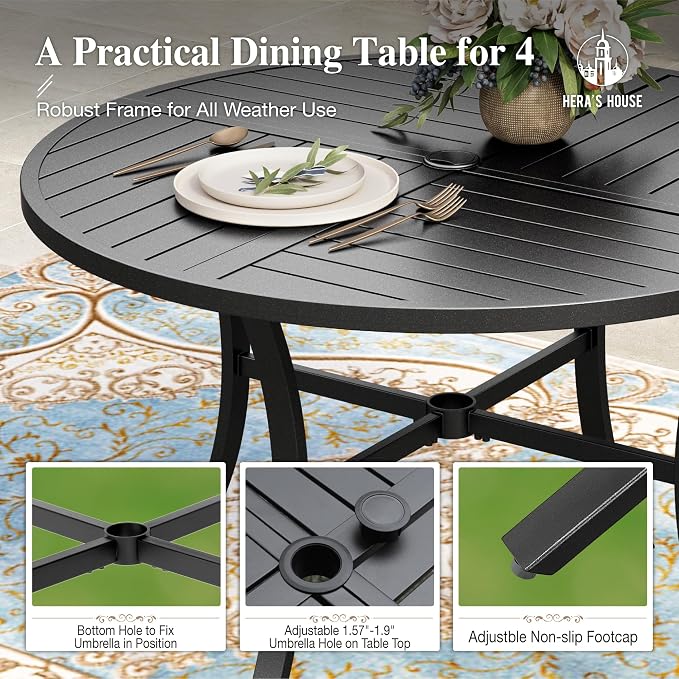 HERA'S HOUSE 5 Pieces Patio Dining Set, Outdoor Table and Chairs Set for 4, 4 x Red Textilene Dining Chair and 42" Metal Round Table for Lawn Garden Backyard Deck
