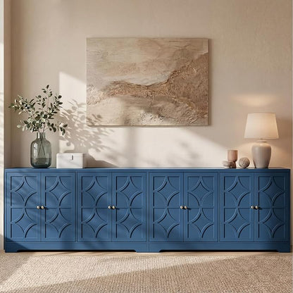 RoyalCraft 112'' Sideboard Buffet Cabinet with Storage, Modern Sideboard with 4 Carved Doors and Adjustable Shelves, Large Wood Coffee Bar Console Table for Kitchen, Dining Room, Blue