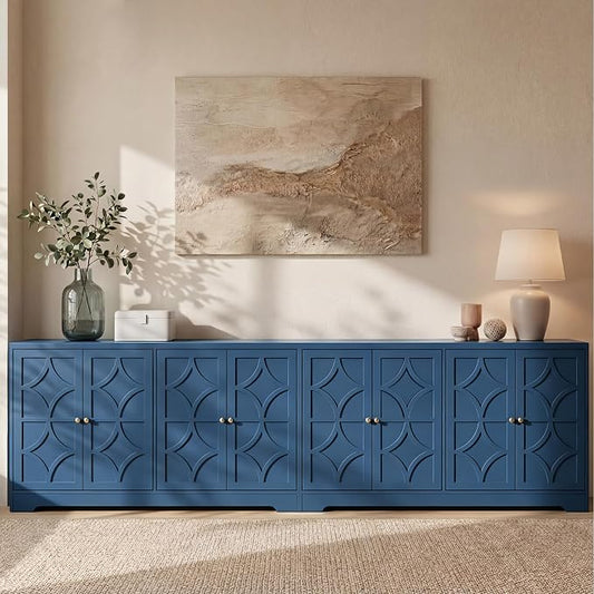 RoyalCraft 112'' Sideboard Buffet Cabinet with Storage, Modern Sideboard with 4 Carved Doors and Adjustable Shelves, Large Wood Coffee Bar Console Table for Kitchen, Dining Room, Blue