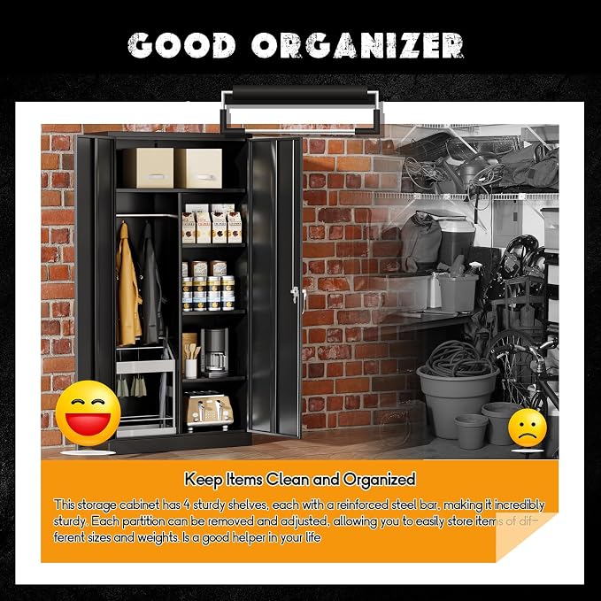 Greenvelly Metal Storage Wardrobe with 2 Doors, Black 72” Steel Storage Wardrobe Cabinet, Employees Locker Closet Clothing Coat Steel Wardrobe Cabinet with Hanging Rod for Garage, Gym, Home Office