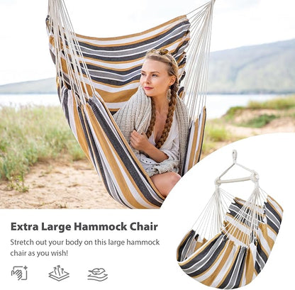 SUNCREAT Hammock Chair Swing with Steel Support Bar, Side Pocket, Large Hanging Chair Outdoor, Max 450lbs Capacity, Coffee Stripes