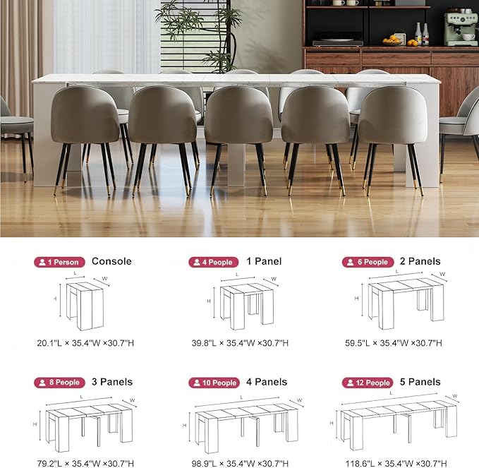 Expandable Dining Table, Transformer Console to Dining Table for 12 People, Folding Space Saving Dining Room Table with Elegant Faux Marble Top, Marble White