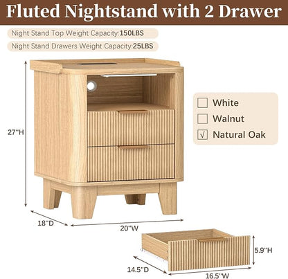 Baoz Fluted Nightstand with Charging Station & 2 Drawers, Natural Oak | 20" Wide Mid Century Modern Bedside Table with Light Wood Curved Profile 27in Tall LED Night Stand for Bedroom