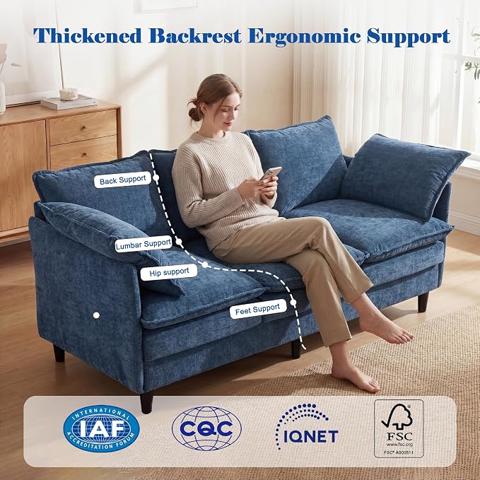 3 Seater Couch Sofa, 69" Small Couch Modern Cozy Comfy Cloud Chenille Sofa 23" Deep 1 Box & 2 Pillows & Washable Cover Couches for Living Room Bedroom Apartment Office 69-Blue