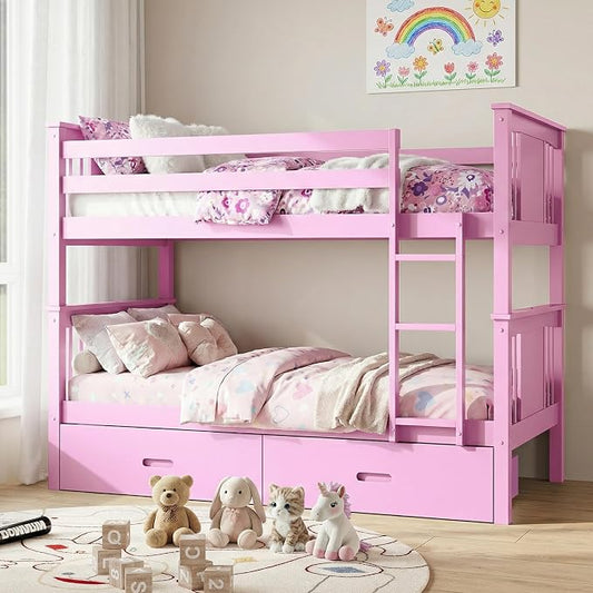 Bunk Bed Twin Over Twin, Convertible Wood Bunk Beds with 2 Storage Drawers, Solid Wood Slats, Widened Guardrail, Sturdy Ladders, No Box Spring Needed, Pink