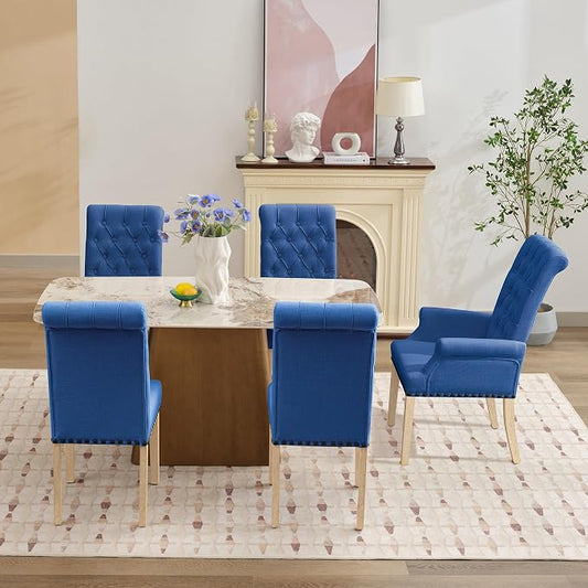 AODCHR Upholstered Fabric Accent Dining Chair Set of 5, Elegant Tufted Dining Room Chairs, Kitchen Room 1 Arm with 4 Armless,Blue