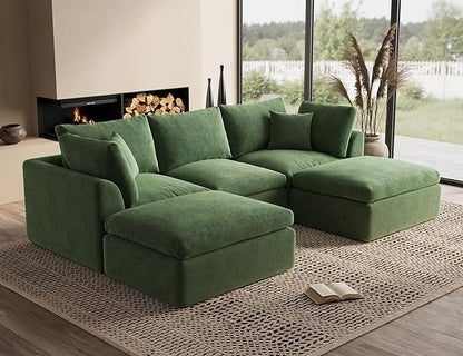 ohllob 110" Cloud Sectional Couches for Living Room, Boneless U Shaped Couch with Ottoman, 3 Seater Modular Sectional Sofa, Green