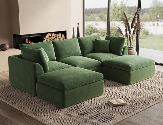 ohllob 110" Cloud Sectional Couches for Living Room, Boneless U Shaped Couch with Ottoman, 3 Seater Modular Sectional Sofa, Green
