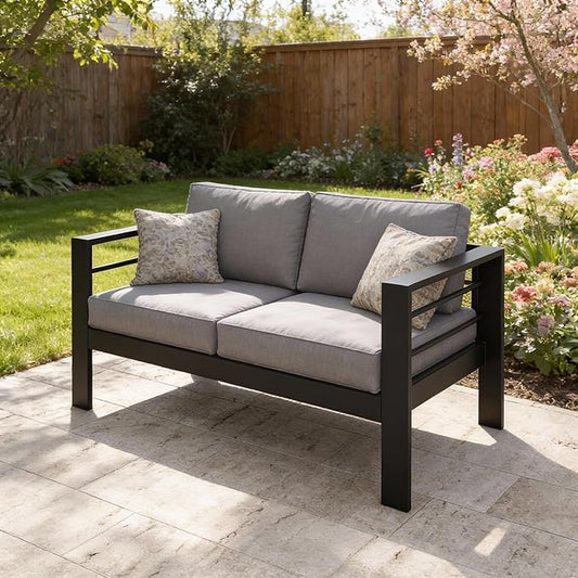 Kiss the Water 3 Seats Aluminum Outdoor Patio Sofa Set, All Weather Rust-Proof Metal Patio Couch, Modern Outdoor Furniture for Backyard Porch Garden, 5" Thick Waterproof Olefin Cushions, Light Grey