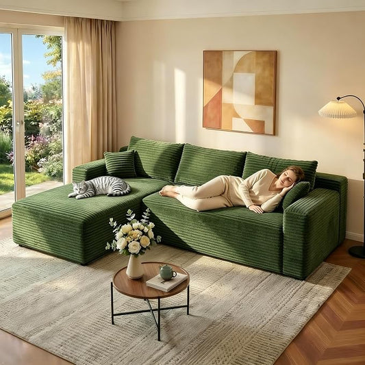 JINGLING 94" L Shape Couch with Left Chaise, Memory Foam Boneless Sectional Sofa in a Box, No Assembly Modular Small Couches for Small Spaces, Living Room, Apartments, Plush Corduroy, Green