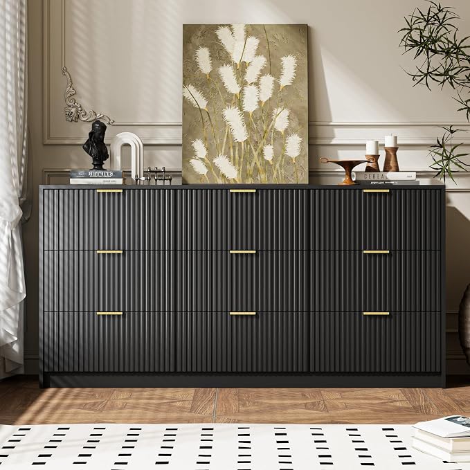 MAISONARIA 3-Piece Dresser Bedroom Set, 9 Drawer Dresser & 2 Drawer Nightstands with Gold Handles, Fluted Wood Chest of Drawers for Bedroom, Living Room, Entryway, Black