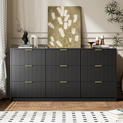 MAISONARIA 3-Piece Dresser Bedroom Set, 9 Drawer Dresser & 2 Drawer Nightstands with Gold Handles, Fluted Wood Chest of Drawers for Bedroom, Living Room, Entryway, Black