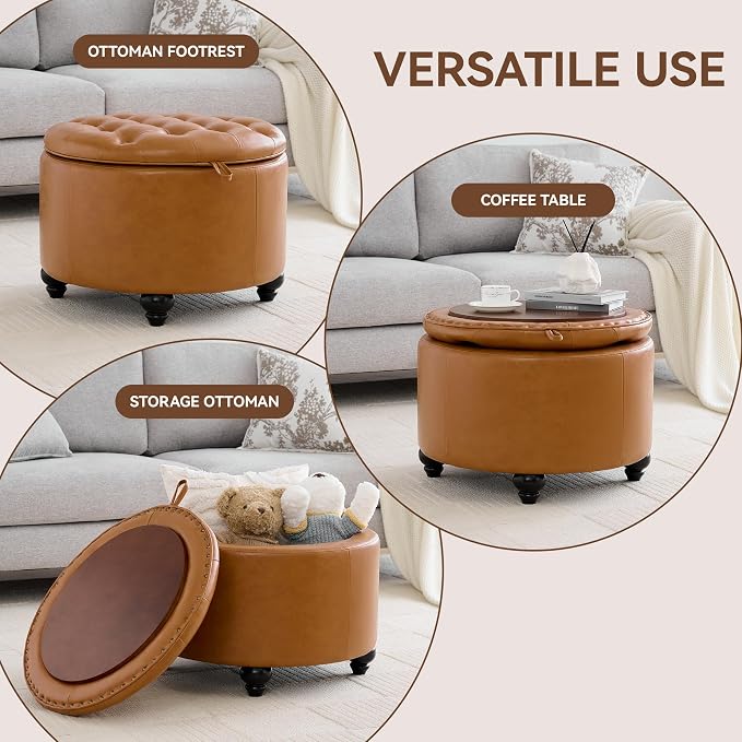 WUTUTUEE 24Inch Round Storage Ottoman with Tray, Modern Tufted Leather Circle Coffee Table with Storage, Upholstered Ottoman with Removable Top for Living Room, Bedroom, Leather Brown