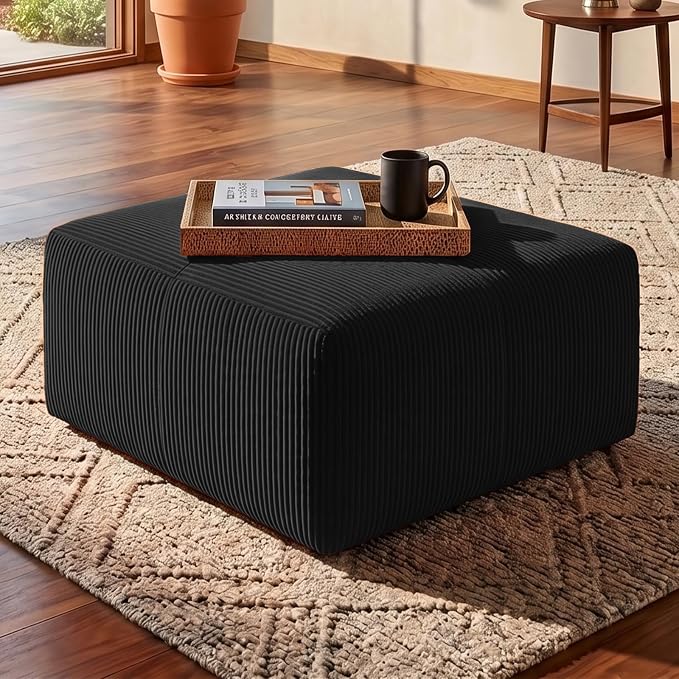 Boneless Modular Sofa Ottoman, Modern Footrest with Soft Padded Seat, Chenille Footstool Boneless for Living Room, Black