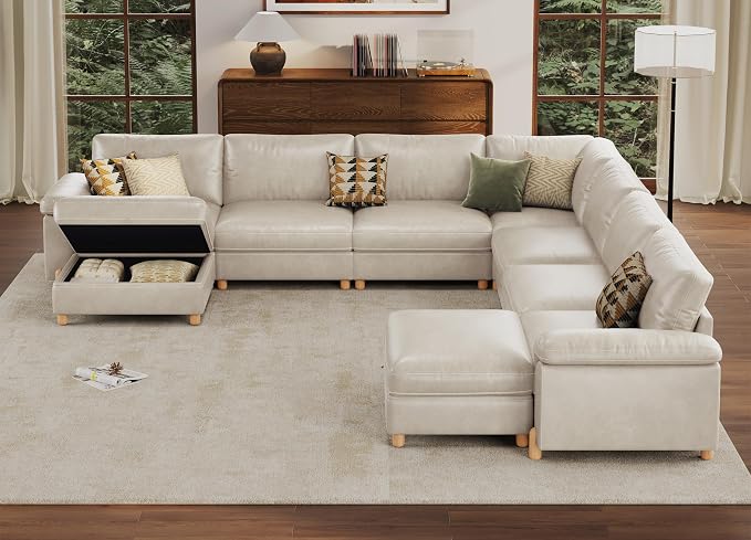 SITJOY Large Cloud Couch, 138" Wide 7 Seater V Shape, Faux Leather in White | Pet-Friendly Scratch-Resistant Leather Sectional Sofas for Living Room, Deep Seat Wide Couch with Chaise, Storage Ottoman
