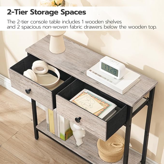 HOOBRO 29.5" Narrow Console Table with 2 Fabric Drawers, Small Entryway Table with 2-Tier Storage Shelves, Sofa Table, Behind Couch Table, for Living Room, Hallway, Greige and Black BG71XG01