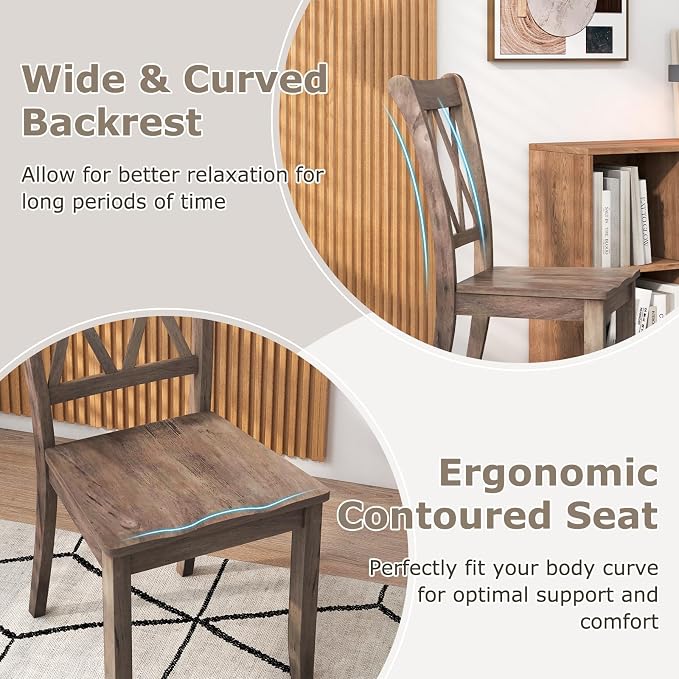 SIMOE Set of 2 Dining Chairs, Mid-Century Modern Farmhouse Style Wooden Chairs with Rubber Wood Frame, Ergonomic High Backrest for Dining Room, Kitchen, Living Room (Brown)