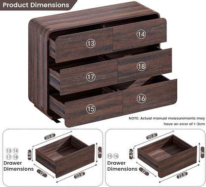 Standifurno Walnut 6 Drawer Dresser, Curved Chest of Drawers for Bedroom, 47 Inch Wide Dresser with Deep Drawers for Clothes, Modern Drawer Closet for Bedroom, Living Rooms, Offices, Entryways