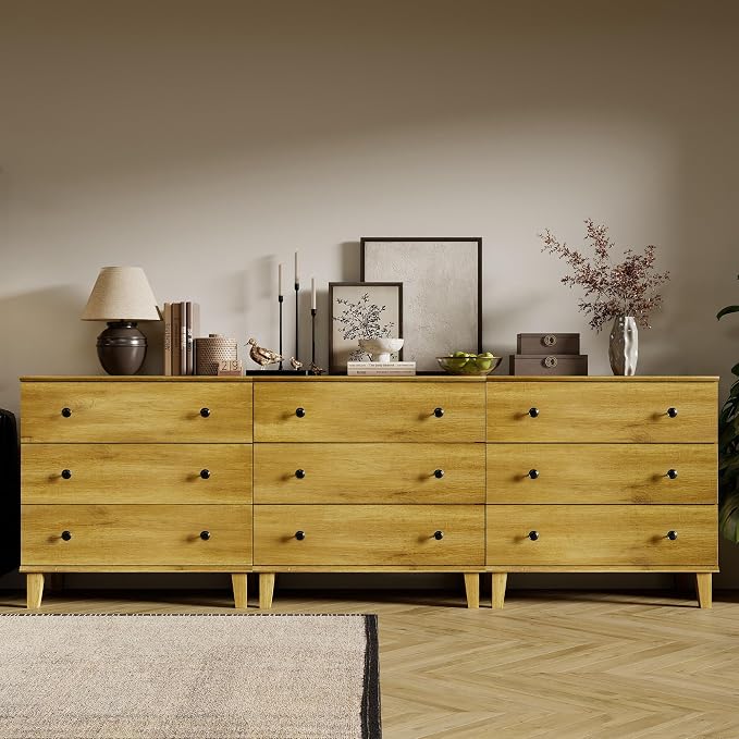 Rustic Drawer Dresser with 9 Drawers 3 in 1 Storage Dressers Organizer for Bedroom, Kids Room Living Room,Brown Oak
