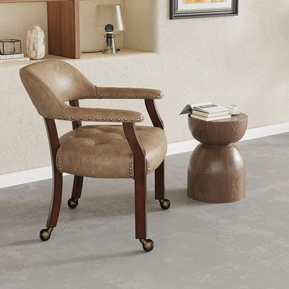 LEEMTORIG Large Dining Chairs with Casters and Arms, Rolling Dining Chairs with Wheels, Accent Game Chairs Boss Caption's Chairs, 26"D x 25.2"W x 31.5"H, Cherry Legs & Yellowish Brown PU SY-1533-PMB