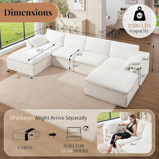 Jocisland 153" Cloud Couch Sectional, No-Assembly Modular Sectional Sofa with 76.4 inch Deep Chaise, Oversize Cloud Couch for Living Room, White Chenille